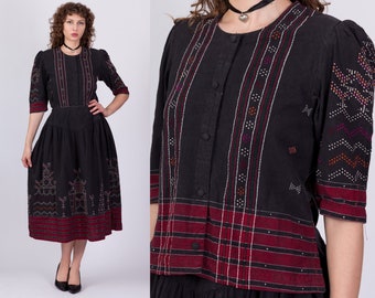 Vintage Eastern European Embroidered Folk Skirt Set Small to Medium | Bohemian Black Cotton Geometric Motif Shirt & Midi Skirt