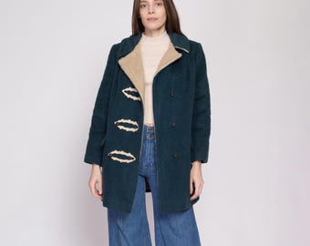 60s 70s Emerald Green Double Breasted Coat - Petite Sm-Med | Vintage Mod Preppy Two Tone Wool Shearling Winter Jacket