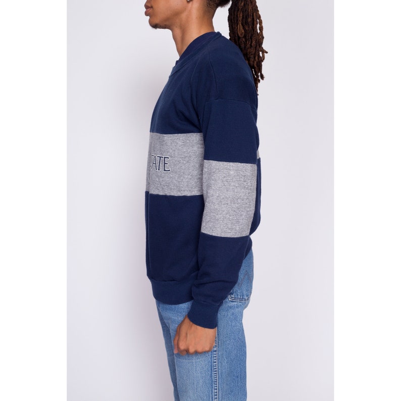 Large 80s Penn State University Sweatshirt Vintage Navy Blue Color Block Striped Collegiate Pullover image 5