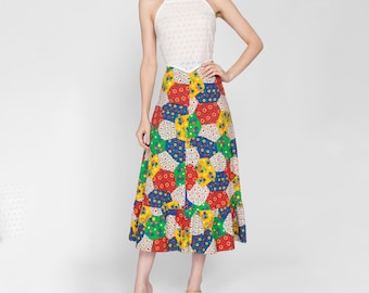 XS jaren 70 boho bloemen patchwork midirok | Vintage kleurrijke A-lijn hippierok met ruches