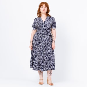 Vintage 90s Blue Floral Puff Sleeve Midi Dress - Medium | Boho Button Up Short Sleeve Shirtdress