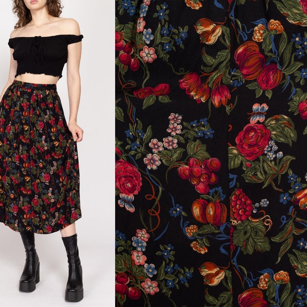 Small 80s Black Floral & Pomegranate Print Midi Skirt 27" | Vintage Boho High Waisted Novelty Print Skirt