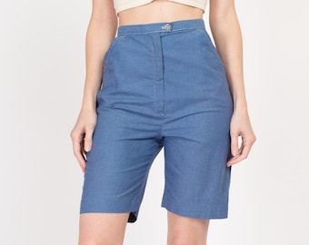 Bermudas azules de cintura alta de los años 60 (XS, 63 cm) / Shorts retro vintage con corte curvo y tiro largo