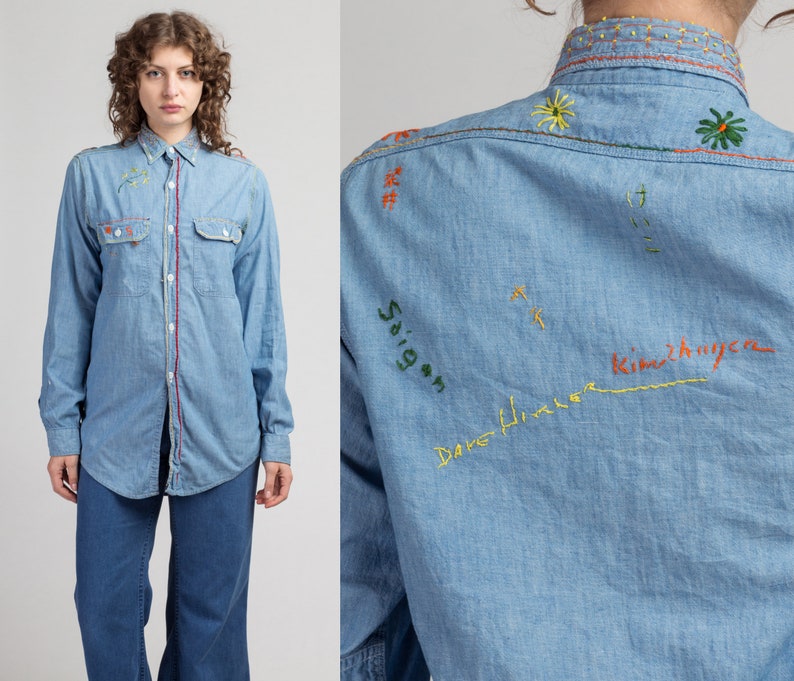 70s Chambray Embroidered Souvenir Shirt Vintage Unisex Button Up Western Style Retro Top Medium to Large