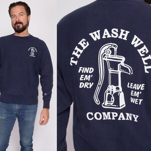 Medium Champion Reverse Weave The Wash Well Company Sweatshirt Y2K Navy Blue Funny Graphic Crewneck image 1