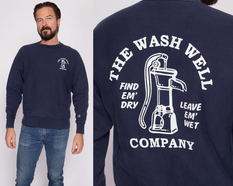 Medium Champion Reverse Weave The Wash Well Company Sweatshirt Y2K Navy Blue Funny Graphic Crewneck image 1