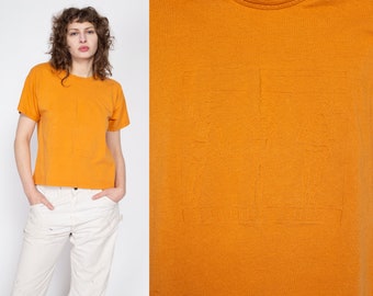 Sm-Lrg 80s Orange Embossed Beverly Hills Boxy T Shirt | Vintage Short Sleeve Cropped Tourist Tee