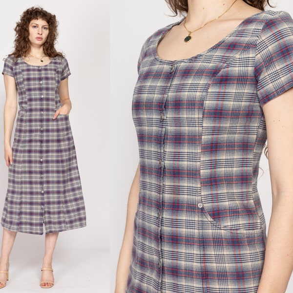 Small 90s Plaid Cotton Grunge Midi Dress | Vintage Button Front Short Sleeve Scoop Neck Shirtdress