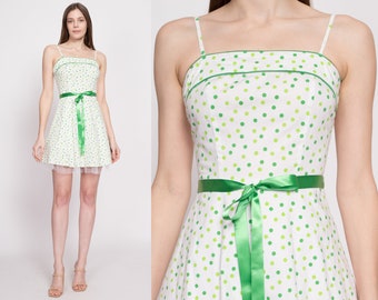 XS Y2K White & Green Polka Dot Party Dress | Vintage Fit Flare Mesh Trim Formal Prom Mini Dress