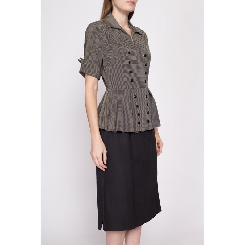 Small 1940s Black & White Striped Peplum Secretary Dress Vintage 40s Cuffed Short Sleeve Midi Dress image 4