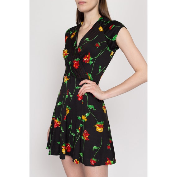 XS 70s Black Rose Floral Print Mini Dress | Boho … - image 4