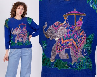 Medium 80s Royal Blue Elephant Knit Sweater | Vintage Batwing Sleeve Oversized Applique Animal Pullover