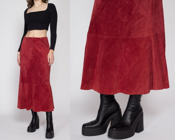 Medium 90s Boho Raspberry Red Suede Midi Skirt | … - image 1