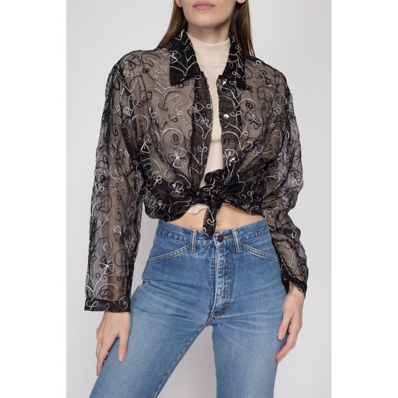 Small 90s Sheer Black Silk Embroidered Blouse | V… - image 2