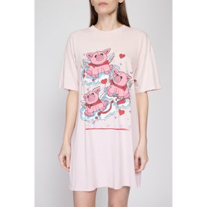 One Size 80s Cupigs Valentine's Day Sleep Shirt Vintage Cute Pig Graphic Cartoon Pajama Mini T Shirt Dress image 2