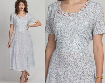 Med-Lrg 80s Rose Ribbon Trim Grunge Dress | Vintage White Floral Short Sleeve Maxi Dress