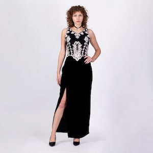Large 90s Scott McClintock Velvet Cross Back Maxi Dress | Vintage Black White Soutache Trim Sleeveless High Slit Dress