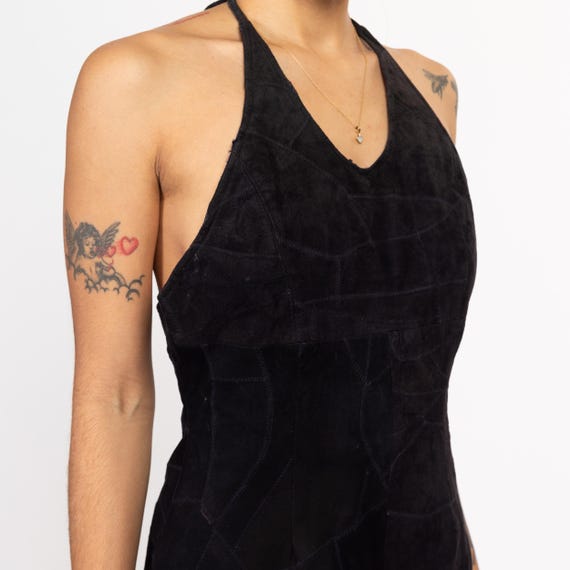 Medium 90s Black Suede Patchwork Halter Mini Dres… - image 6