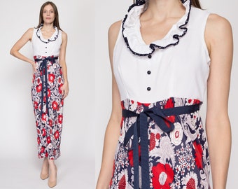 Sm-Med 60s Red White & Blue Floral Maxi Dress | Vintage Empire Waist Boho Hostess Dress