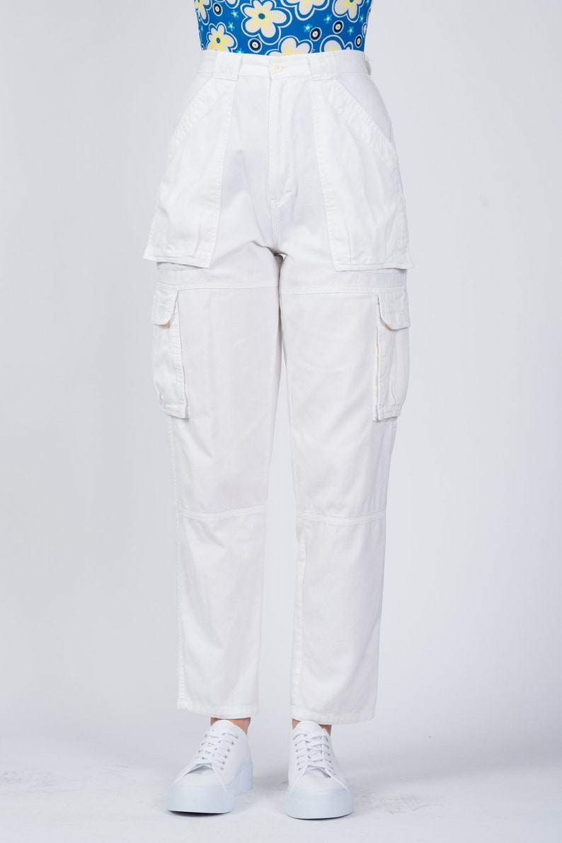 Small 80s Palmetto's White Cargo Pants 25.5 Vintage High Waist Pleated Cotton Trousers image 2