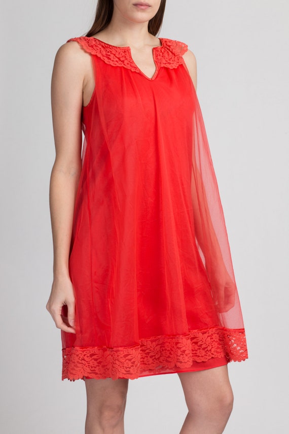 Small Vintage 60s Red Mini Nightie | Lace Trim Sl… - image 4