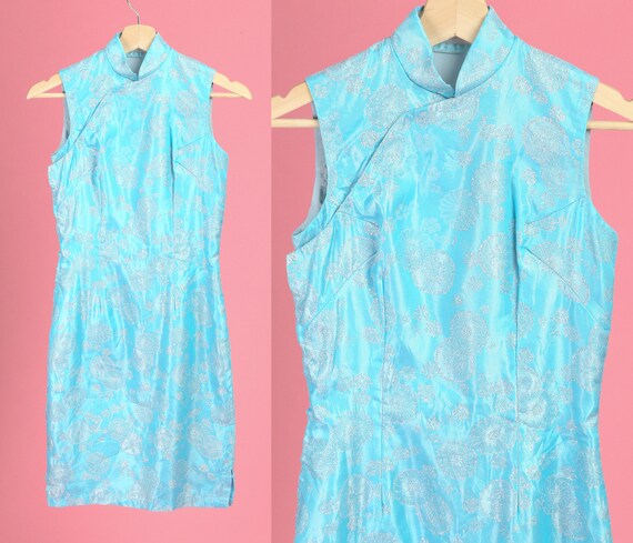60s Blue & Silver Metallic Cheongsam Dress XXS Vintage - Etsy