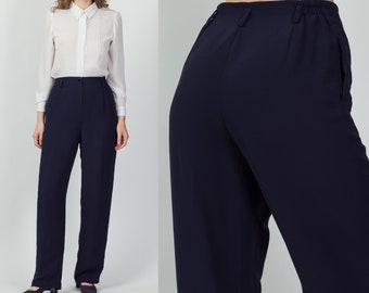 80s 90s Pendleton Navy Blue Minimalist High Waist Trousers Medium | Vintage Tapered Leg Pleated Lightweight Pants