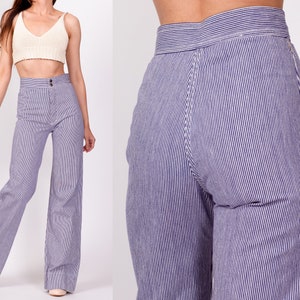 70s Blue & White Pinstriped Pants Extra Small, 23.5 Vintage High Waisted Flares Moody's Goose Retro Hippie Trousers image 1