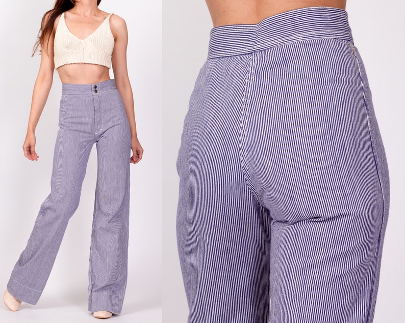 70s Blue & White Pinstriped Pants Extra Small, 23.5 Vintage High Waisted Flares Moody's Goose Retro Hippie Trousers image 1