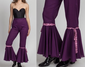 Medium Y2K Does 70s Purple Hippie Bell Bottoms 30.5" | High Waisted Retro Disco Costume Pants