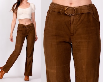 70s Ultrasuede Western Horn Buckle Pants Petite Extra Small | Vintage Brown Straight Leg Retro Hippie Trousers