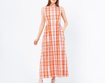 Vintage 60s Orange Plaid Seersucker Maxi Dress - Small | Retro Collared Sleeveless A Line Dress With Pockets