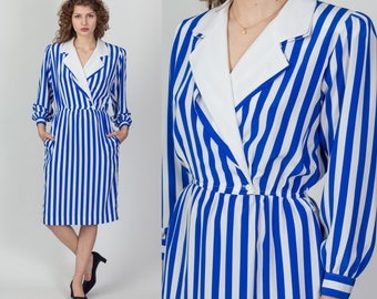 80s Blue & White Striped Secretary Midi Dress Medium | Vintage Button Up Long Sleeve Collared Dress