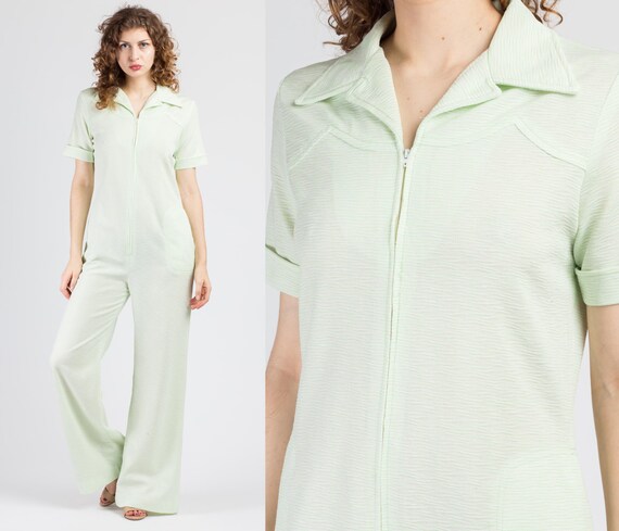 70s Mint Green Flared Leg Jumpsuit - Large | Vinta