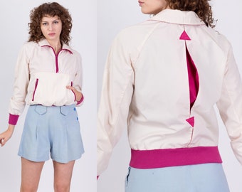 80s Color Block Cropped Windbreaker Small | Vintage White Pink Split Back Zip Up Lightweight Pullover Ski Jacket