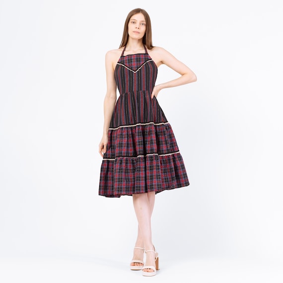 Vintage 70s Red & Black Plaid Fit Flare Halter Midi Dress - Small