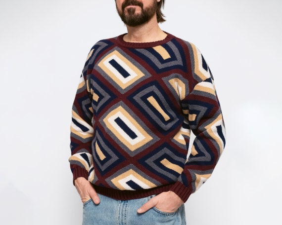 Med lrg 90s Geometric Earth Tone Knit Sweater Vintage Henry Grethel Cotton Slouchy Streetwear Pullover Etsy