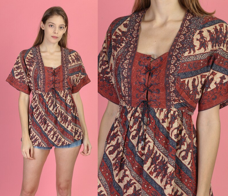 70s Hippie Bell Sleeve Corset Blouse Medium Vintage Boho Ethnic Print Peasant Top