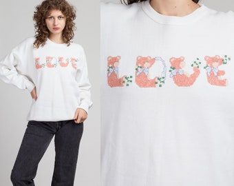 XL 80s Teddy Bear "Love" Sweatshirt | Vintage White Animal Alphabet Graphic Pullover
