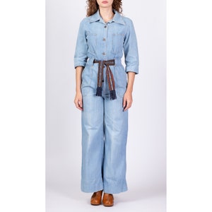 70s Denim Button Up Belted Jumpsuit Medium Vintage Blue Jean Wide Leg Bell Bottom Retro Outfit image 2