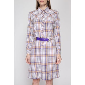 Medium 60s Mod Plaid Belted Shirtdress Vintage Purple White Long Sleeve Knit Mini Dress image 4