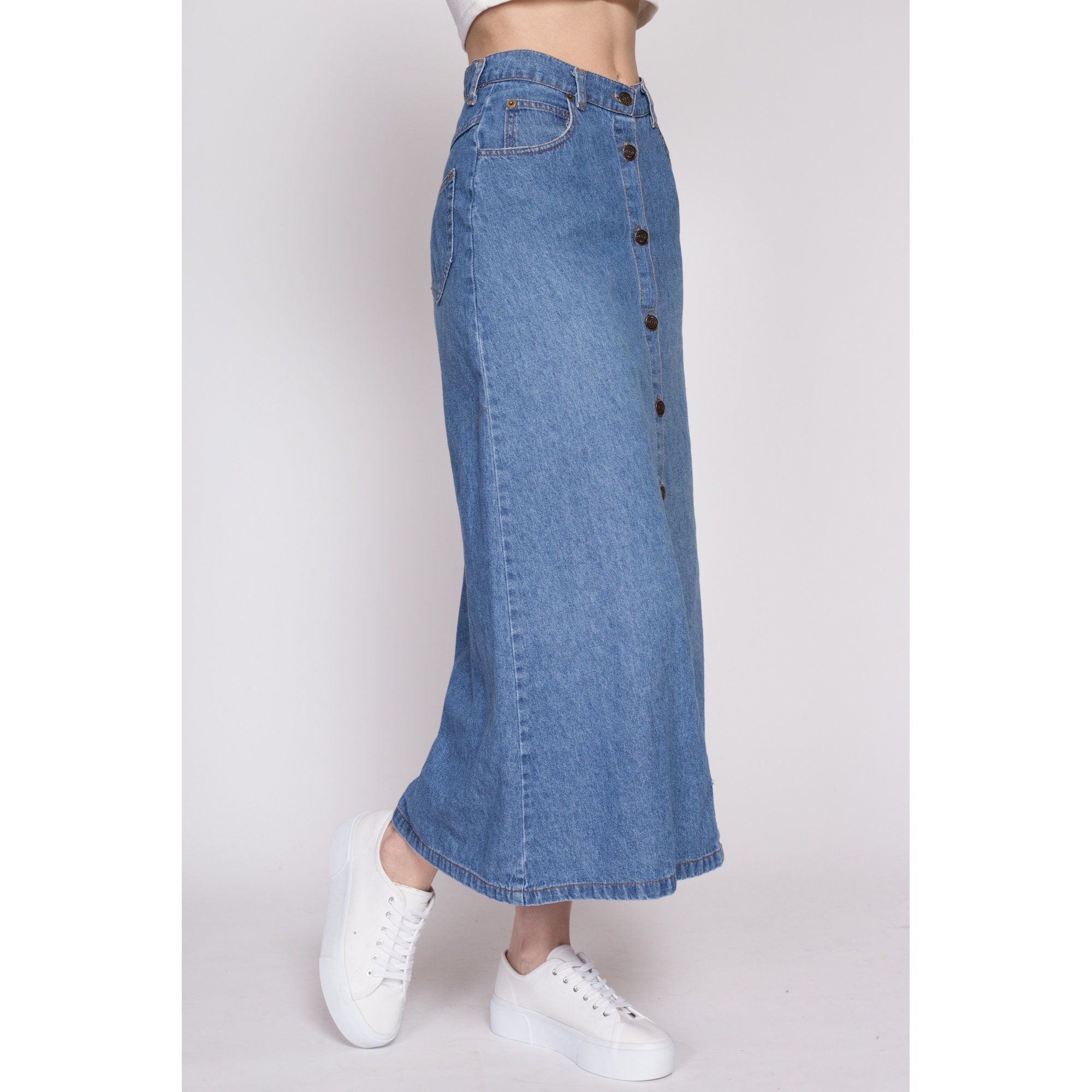 Buy Dark Denim Maxi Skirt Full Front Buttons Pockets Flat Waistband 5  Beltloops Slight A-line Hem Talbots 100% Cotton Denim 30W 42H Boho Classic  Online in India - Etsy