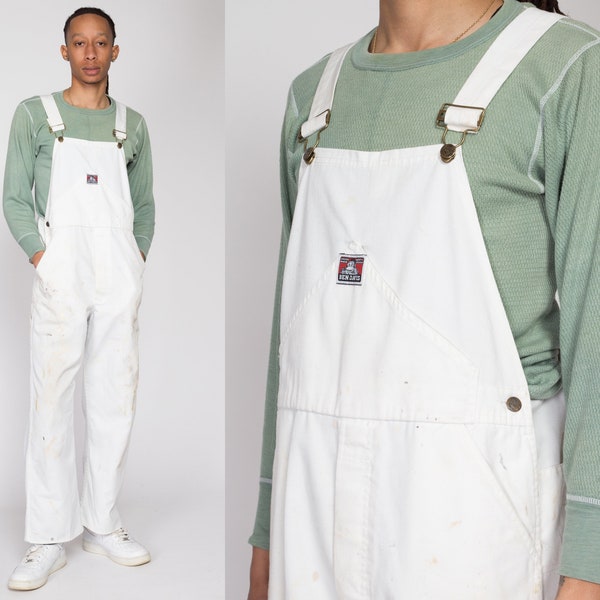 Large 80s Ben Davis Painters Overalls | Vintage Distressed White Cotton Utility Workwear