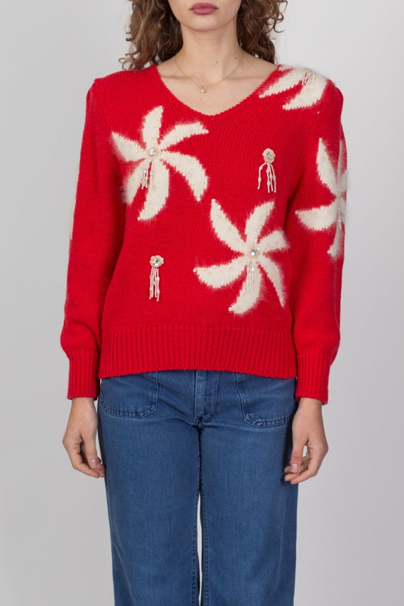 Medium 80s Red & White Pinwheel Angora Sweater | … - image 2