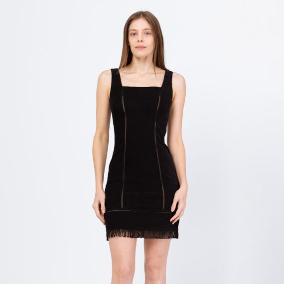 black suede bodycon dress Shiloh Black Faux Suede Western Embroidered Bodycon Strapless Mini Dress M / Black