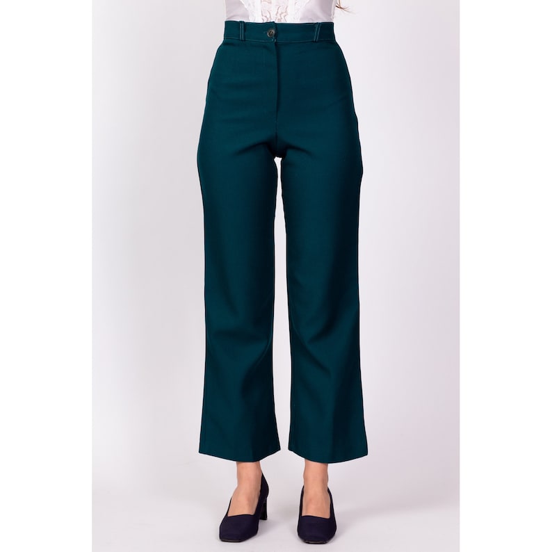 70s Emerald Green High Waisted Trousers XXS, 23 Vintage Straight Leg Retro Polyester Pants image 2