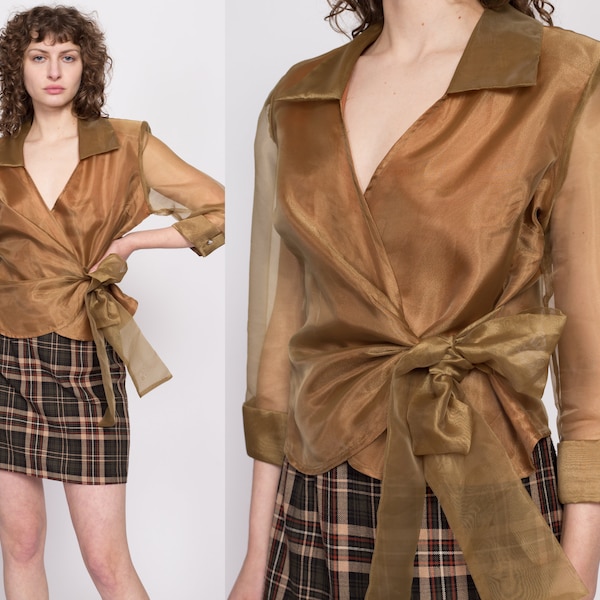 Medium 80s Gold Organza Wrap Top | Vintage Glam Cuffed 3/4 Sleeve Collared Blouse