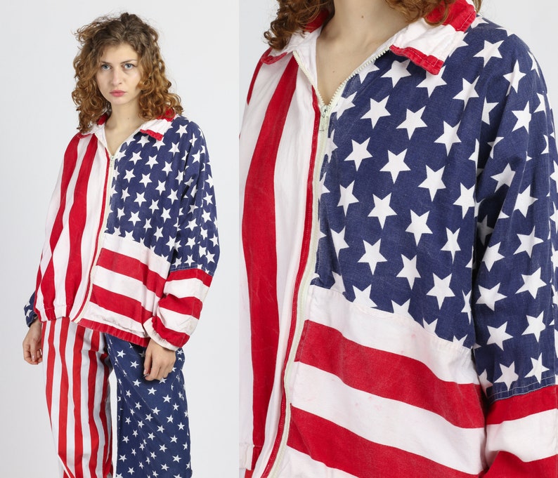 90s American Flag Print Oversize Cotton Windbreaker Vintage Lightweight Zip Up Jacket Large