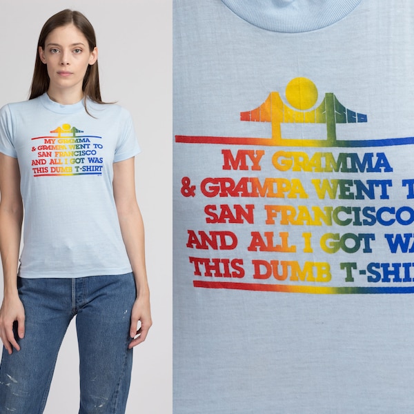 80s San Francisco Rainbow Tourist Tee Extra Small | Vintage "All I Got Was This Dumb T Shirt" Blue Souvenir Top