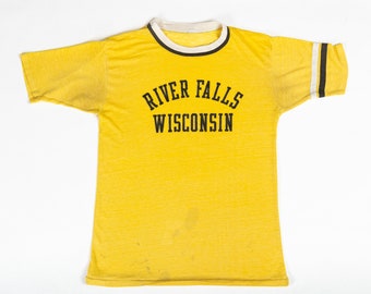 70s Threadbare River Falls Wisconsin Ringer Tee Medium | Vintage Distressed Yellow Striped Unisex Graphic T Shirt